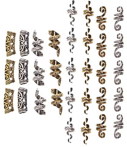 32 Stück Wikinger Haarperlen, Gold Silber Haarschmuck Bart Perlen Haar Zopf Manschette Bartschmuck Dreadlocks Zubehör für Männer und Frauen Partys Festivals Hochzeiten
