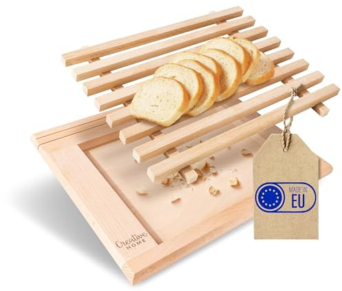 Creative Home Brotschneidebrett mit Krümelfang aus Buche-Holz | 35,5 x 28,5 x 2 cm | Praktisches Krümelbrett und Platz fürs Messer | Schneidebrett mit Gitter | Perfektes Brot-Brett mit Auffangschale