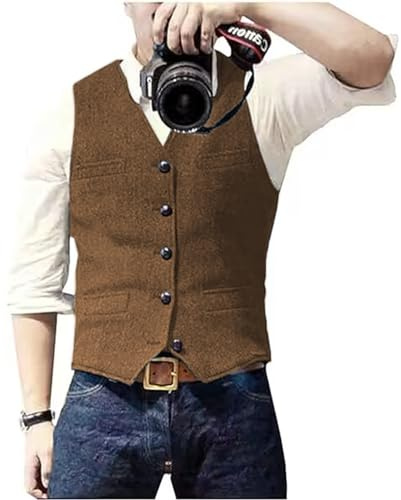 Solovedress Herren Casual Wolle Fischgrätmuster Anzug Weste V-Ausschnitt Tweed Weste für Hochzeit Groomsmen