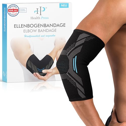 Health Press Ellenbogenbandage – 1x Ellenbogen-Bandage, Gr. M – Ellenbogenstütze – Entlastung & Stabilisierung des Ellenbogengelenks – Profi Kompressionsbandage – Stützende Armbandage Rechts/Links
