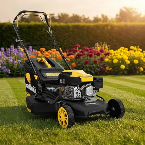 Craftfull Benzin Rasenmäher CR-139-30 | 2,9 KW 4 PS | 144 cm³ OHV Motor | Benzinrasenmäher - Mäher - Selbstfahrantrieb - 46 cm Schnittbreite in 7 Höhenstufen (CR-139-30 2,9 KW 4 PS 144 cm³ Motor Gelb)