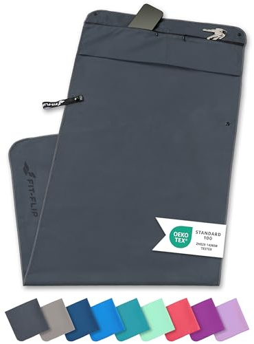 Fit-Flip Fitness Handtuch aus Mikrofaser - mit Magnet und Reißverschluss Tasche - Fitnesshandtuch für Sport und Gym - Kompakt & Schnelltrocknend - Sporthandtuch Fitnessstudio - Dunkelgrau - 130x48cm