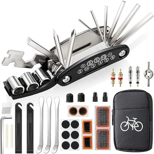 Fahrrad Reparaturset | Fahrrad Zubehör | Fahrrad Multitool 16-in-1 | Fahrrad Flickzeug Set für unterwegs | Faltbares Fahrrad Reparaturset aus Stahl | Kompakt & Leicht | Schwarz