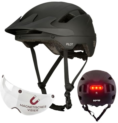 GOOFF Pilot S-Pedelec Helm - Schutz für schnelle E-Bike Fahrten – Fahrradhelm mit Visier und Licht – NTA 8776-zertifizierter Zweirat Helm (Schwarz mit Sonnenblende, XL)