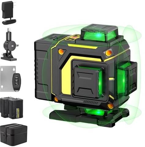 Kreuzlinienlaser Grün 16 Linien Nivellierlaser, 4D 16 Linienlaser Grün Kreuzlaser 4x360° Laser Wasserwaage Selbstnivellierend Baulaser 2×2400mAh Akku für Innenbereich Baustelle,Fernbedienung