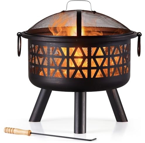 Vonhaus Feuerstelle für Garten,Terrasse & Outdoor– tragbar und leicht, Feuerkorb aus bronzegetönter Stahl, Geometrischer Design, Feuerschale mit Funkenschutz & Schürhaken, Nutzbar mit Holz oder Kohle