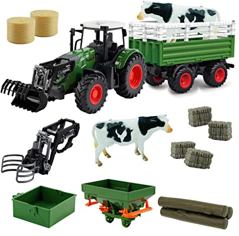 Hyrenee Farm Traktor Fahrzeuge Traktor Anhänger mit Greifer Round Bale Frontloade Tipping Anhänger Dünger Spreader mit Milch Kuh Ballen Farming Spielzeug Spielset für Jungen Kinder Kleinkinder