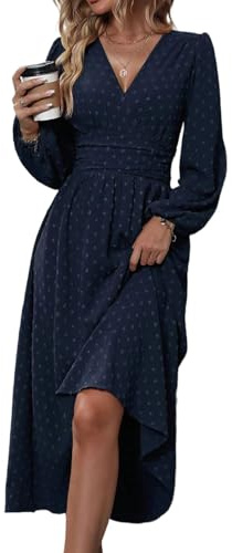HUXRAKV Damen Elegant Kleid Langarm V-Ausschnitt Freizeitkleider A-Linie Blumenmuster Wickelkleid Herbst Winter Laternenärmeln Kleid Partykleid Abendkleider