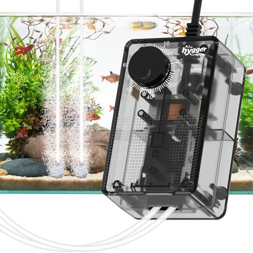 hygger Sauerstoffpumpe für Aquarium Luftpumpe 2.5W Leise Luftsprudler Luftpumpen <40db,Einstellbare Membranpumpe Energiesparende mit 2 Luftauslässen für Fischbecken und Nanoaquarien
