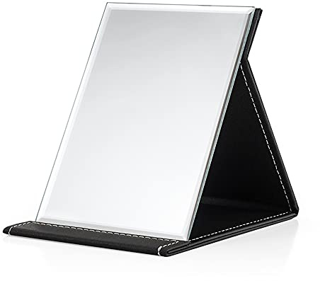 HERKINDNESS Reisespiegel Klappbar, Klappbar Make-up, Kosmetikspiegel Reise Schminkspiegel, Tischspiegel mit Schwarz PU-Leder Hülle,173 mm x 123mm Klappspiegel