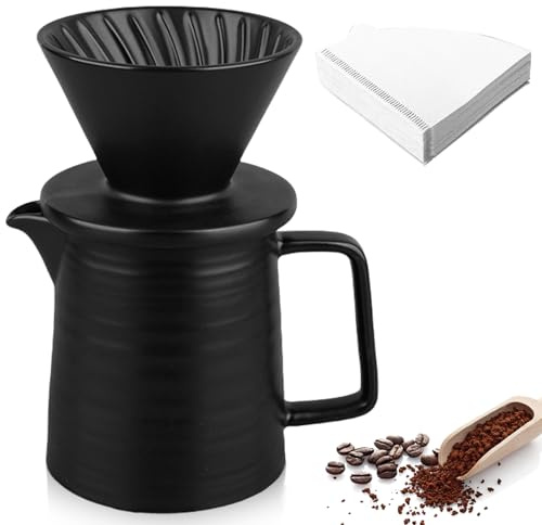 Leikurvo Pour Over Kaffeebereiter Set, 450ml Kaffeefilter Porzellan mit Tasse & 100 Papierfilter, Keramik-Kaffeetropfer Manuelle Kaffeekanne für Zuhause Büro Outdoor Camping (Schwarz)
