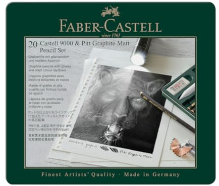 Faber-Castell 115224 - Bleistifte Set Pitt Graphite Matt & Castell 9000, 20-teilig, inkl. Papierwischer, Radierer, Knetradierer und Spitzer