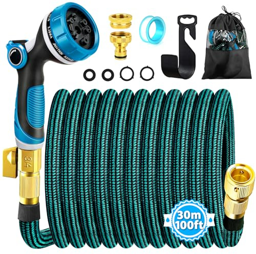 Gartenschlauch Flexibel 30M, Wasserschlauch Flexibler Gartenschlauch mit 3/4&1/2Verbinder aus Messing, Flexschlauch Garten Schlauch mit 10-Funktionsdüse Brause, Dehnbarer Gartenschläuche Hose
