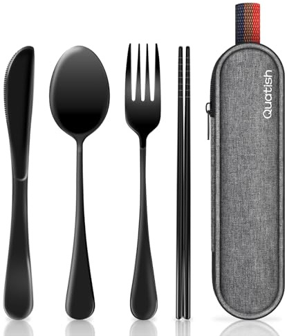 Quatish Camping Besteck, 5 Stück Edelstahl Reisebesteck mit Etui, Besteckset to Go, Campingbesteck für Unterwegs, Outdoor, Reise, Arbeit, Schule, Reise Gadgets, Schwarz