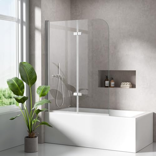 S'AFIELINA Duschwand für Badewanne 100x140 cm, 2-teilige Faltwand | Badewannenaufsatz faltbar, 6 mm Glas, 180° schwenkbar, 4 mm Hebe-Senk-Funktion, 10 mm Wandausgleich