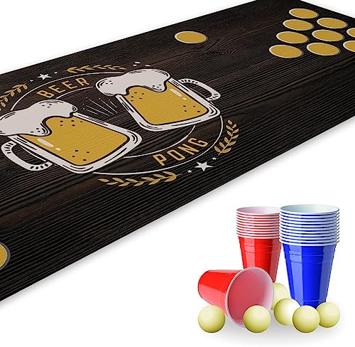 younikat Bierpong Matte 180 x 60cm I Bierpong Becher Set inkl. 22 Becher und 6 Bälle I Bierpongmatte rutschfest & wasserabweisend I Beerpongbecher Zubehör für Party, Garten & Festival | dv821