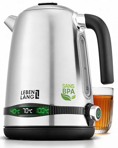 LEBENLANG Wasserkocher Edelstahl Temperatureinstellung – Leise, Temperaturanzeige & Warmhaltefunktion - 1,7 Liter & 2200W | Electric Kettle | Temperatur Edelstahl Wasserkocher Retro ohne Plastik