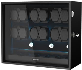 XTELARY Uhrenbeweger für 12 Automatikuhren, Abschließbarer Automatikbeweger mit Extra 6 Uhrenfächern, 4 Rotationsmodi, Flexible Uhrenkissen, Leiser Mabuchi Motor und Blaue Hintergrundbeleuchtung,Black