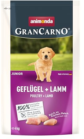 animonda GranCarno Junior Hundetrockenfutter Geflügel + Lamm (1 x 4 kg) | getreidefrei, Trockenfutter für junge Hunde ohne Getreide, Welpenfutter trocken mit hoher Bekömmlichkeit