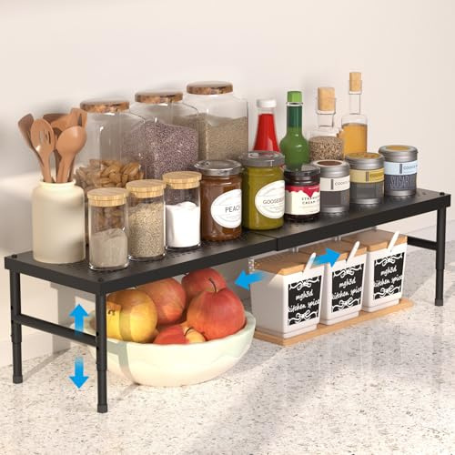 HI NINGER 72cm Erweiterbares Schrankregal, Küchengewürzregal, Verstellbares & Stapelbares Küchenregal Organizer, für Küchenschrank und Speisekammer, Passend für Arbeitsplatten Verschiedener (Schwarz)