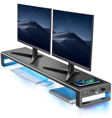 Vaydeer Monitorständer für 2 Monitore mit 4 USB-Anschlüssen aus Metall | kabelloses Laden, für Monitore bis 32 Zoll, für PC und Laptop, Schwarz