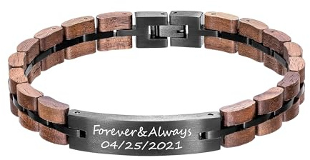 Gravur Benutzerdefinierte Gliederarmbänder Personalisierte Armreif Edelstahl Holz Gliederkette Armband Schmuck für Männer Jungen Schwarz mit Geschenkbox, 9.8 inches, Holz Edelstahl