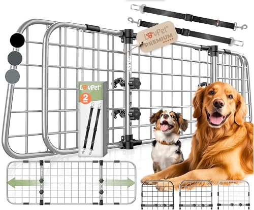 LOVPET® Hundegitter Auto Kofferraum – Universal Trenngitter für Hunde, verstellbar 92–152 cm, ohne Bohren & einfache Montage, Hundeschutzgitter Gepäckgitter Auto inkl. 2 Sicherheitsgurte, Grau