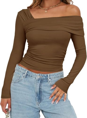 TrendiMax Damen Langarmshirt Elegant Stretch Pullover Slim Fit One Off Shoulder Oberteil Langarm Tshirts Schulterfrei Asymmetrischer Sexy Enge Tops Y2K Crop Top (M, Braun)