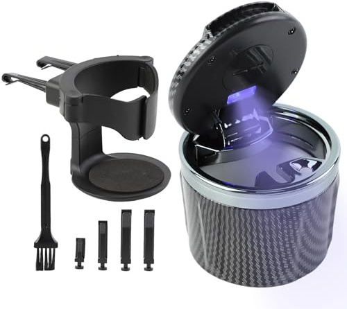 Geoyien Aschenbecher Auto, Auto Aschenbecher mit Deckel, Geruchsdicht, mit Halter und Reinigungsbürste, Automatisches LED-Licht, Batterie Austauschbar, Versiegelt, Flammhemmend (Grau)