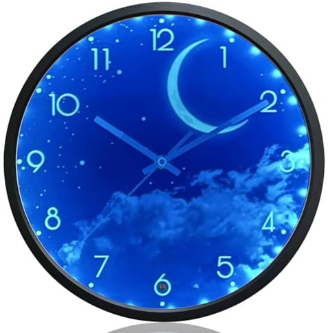 OCEST 30,5 cm Nachtlicht Wanduhr Leise Leuchtet im Dunkeln Mond | Batteriebetrieben, Große Anzeige, Leuchtet im Dunkeln, Für Schlafzimmer Wohnzimmer Küche Bad Büro