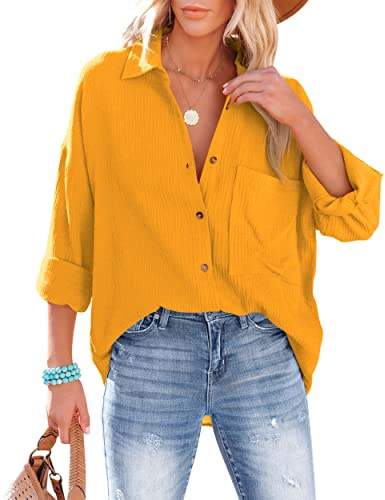 NONSAR Bluse Damen Lässiges Hemd mit V-Ausschnitt 100% Baumwolle Lockere Passform Solide Dickes Oberteil Elegant mit Tasche
