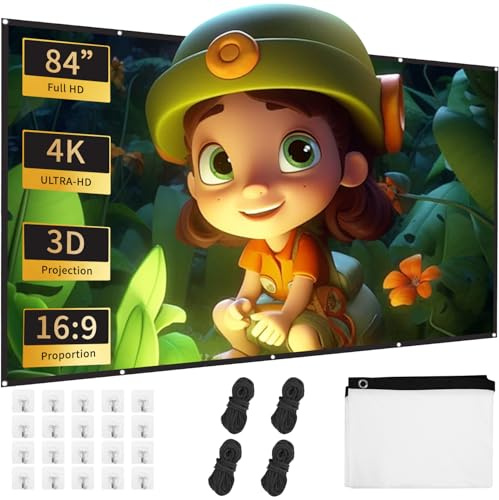 84 Zoll Leinwand Beamer,Faltbare Leinwand 16:9 Einfache Hängende Filmleinwand mit Haken, Seilen, 84 Zoll für Heimkino, Freiluftkino, Schule, Treffen, Camping
