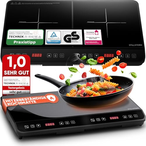 Stillstern Doppel-Induktionskochfeld | Induktionskochplatte [3600W] 2 Platten Herdplatte mit Lautlos-Funk. & Turbo-Boost, 12-28cm, 18 Temp. & Leistungsstufen, 24h Timer, Induktionsherd 2er Kochplatte