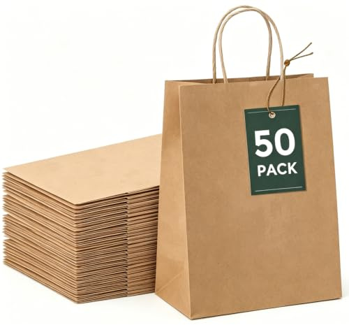 50er-Pack Braune Papiertüten mit Henkel 21x15x8 cm, Kleine Kraftpapiertüte, Wiederverwendbare Geschenktüten, Papiertüten für Partys und Versammlungen