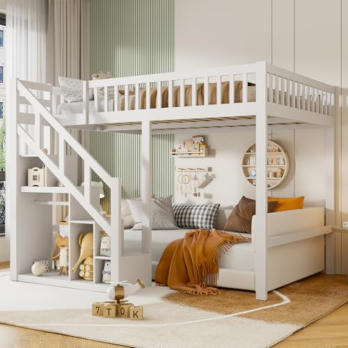 QMTXBYJ Etagenbett 90x200 cm für Kinder, Kinderbett Hochbett 90x200 mit Treppe & Aufbewahrungsschrank, Funktionsbett Jugendhochbett Stockbett Kinderhochbett mit Lattenrost,Massivholz,Ohne Matratze