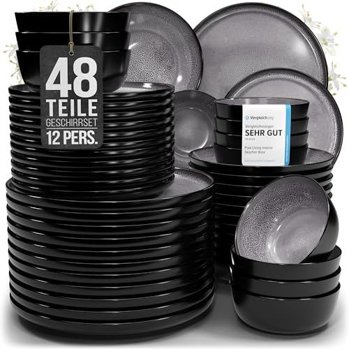 Steingut Geschirrset 12 Pers. Ibiza 48-tlg Hochwertiges Mediterranes Steingut Geschirr Set - Schüssel- und Teller Set - Tafelservice 12 Personen Geschirrsets Pure Living in Grau