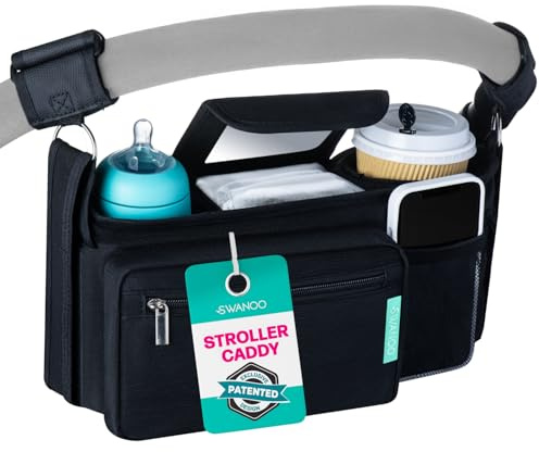 Swanoo Rutschfester Kinderwagen-Organizer mit Becherhaltern, Exklusivschlaufen-Griffbügel. Universale Passform Kinderwagenzubehör Caddy Elternkonsole