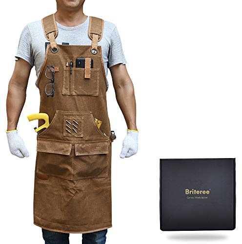 BRITEREE Arbeitsschürze herren mit 9 Werkzeugtaschen, Werkstattschürze mit Robust Gewachste Leinwand, Werkzeugschürze Geschenk für Herren Tischler