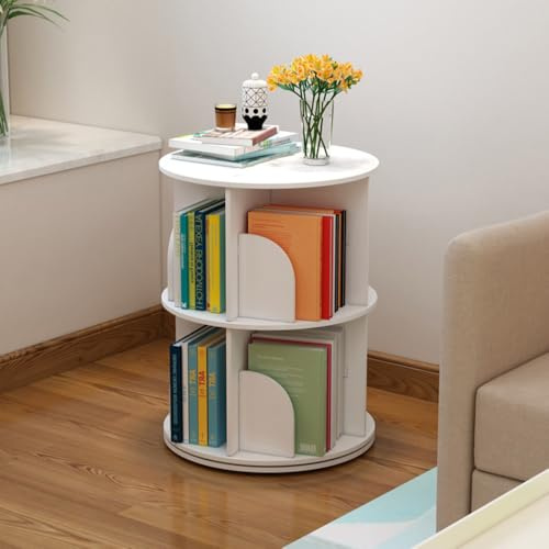 Brride Rundes Drehbares Bücherregal 2 Ebenen 360° Drehregal Standregal Weiß Aufbewahrungs-Display, Multifunktionales Lagerregal für Haus Wohnzimmer Studie Büro (2 Ebenen)