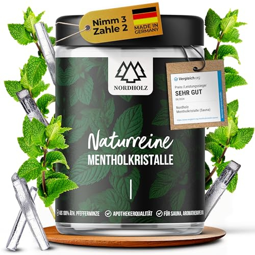 NORDHOLZ® Mentholkristalle [100g] für Sauna in Premium Qualität aus 100% Minzöl - Befreit die Atemwege und sorgt für intensiven Duft in der Sauna - Sauna Zubehör