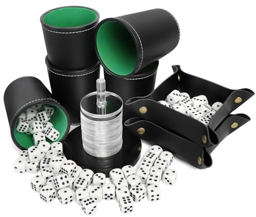 ROTKUSZ Schocken Set, Komplett mit 5 Würfelbecher Leder und 30 Würfeln, Acryl Schockbesteck mit Leder Würfelbretter, Schockbesteck Set, für Erwachsene, Casual Games Bar Puzzles Spielzubehör