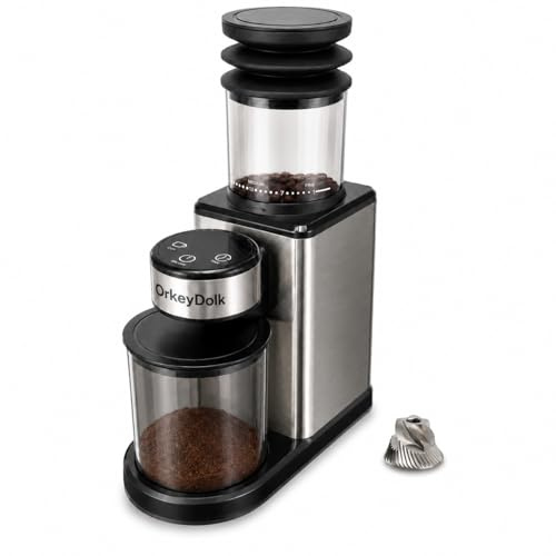 OrkeyDolk®Elektrische Kaffeemühle mit Kegelmahlwerk, 25 Mahlgrade, für Espresso, Filter & Mokka, Leise Kaffeemühle mit 2–12 Tassen, Edelstahl-Mahlwerk, LED-Display