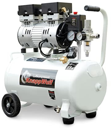 KnappWulf Flüsterkompressor Kompressor Druckluftkompressor ölfrei KW1024 Airbrush 69dB,24L Kessel, 8 bar, 750W, 1PS, 185L/min, silent inkl. Wasserabscheider Druckminderer Kondenswasserablasshahn