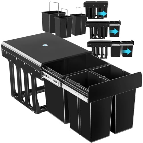 tectake® Abfallsammler, Mülleimer 3 Fächer, Mülltrennsystem Küche, für Schrank, Mülleimer Küche ausziehbar, Einbaumülleimer, Abfalleimer Küche. Mülleimer Küche Unterschrank - 2x 8L + 15L
