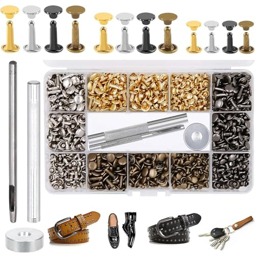 HaploS 180 Set Leder Nieten Metallniete Doppelkappe in 3 Größen für DIY | 4 Farben Handgefertigt Hohlnieten, Ohrstecker Hohlnieten mit 3 Fixierwerkzeug Aufbewahrungsbox für DIYLederhandwerk Kleidung