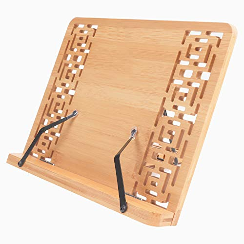 Kurtzy Verstellbare Bambus Kochbuch Halterung mit Seitenhalter - Buchhalter Leseständer 33,5 x 24 cm Faltbarer Notenständer Holz- Hält große & kleine Lese-, Musik-, Kochbücher, iPads und Tablets