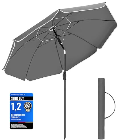 SONGMICS Sonnenschirm 160 cm, Sonnenschutz, UPF 50+, Strandschirm, beidseitig um 30° knickbar, höhenverstellbar, mit Tragetasche, für Balkon, Garten, Terrasse, Strand, ohne Ständer, grau GPU060G01