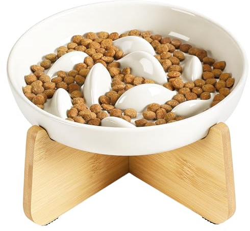IDOGCHEW Keramik Anti Schling Napf Katze Erhöht, Weiß | Schlingnapf Katze Nassfutter - Slow Feeder, rutschfest, Einfach zu Reinigen, Antischlingnapf für Katzen und Kleine Hunde