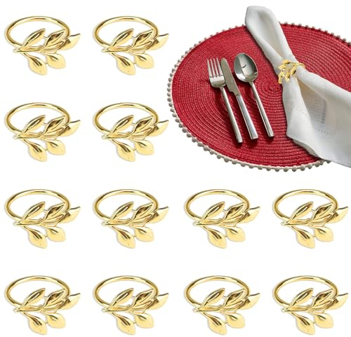Serviettenringe Gold, 12 Stück Elegante Metall Serviettenring, Serviettenschnallen Blätter, Serviettenring Gold, Napkin Rings für Weihnachten Hochzeitsfeier Abendessen Jubiläum Tischdekoration
