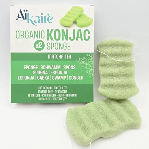 Bio-Konjak-Schwamm für den Körper in Verbindung mit grünem Tee | 2 Stück Körperschwämme | Natürlicher pflanzlicher Peelingschwamm